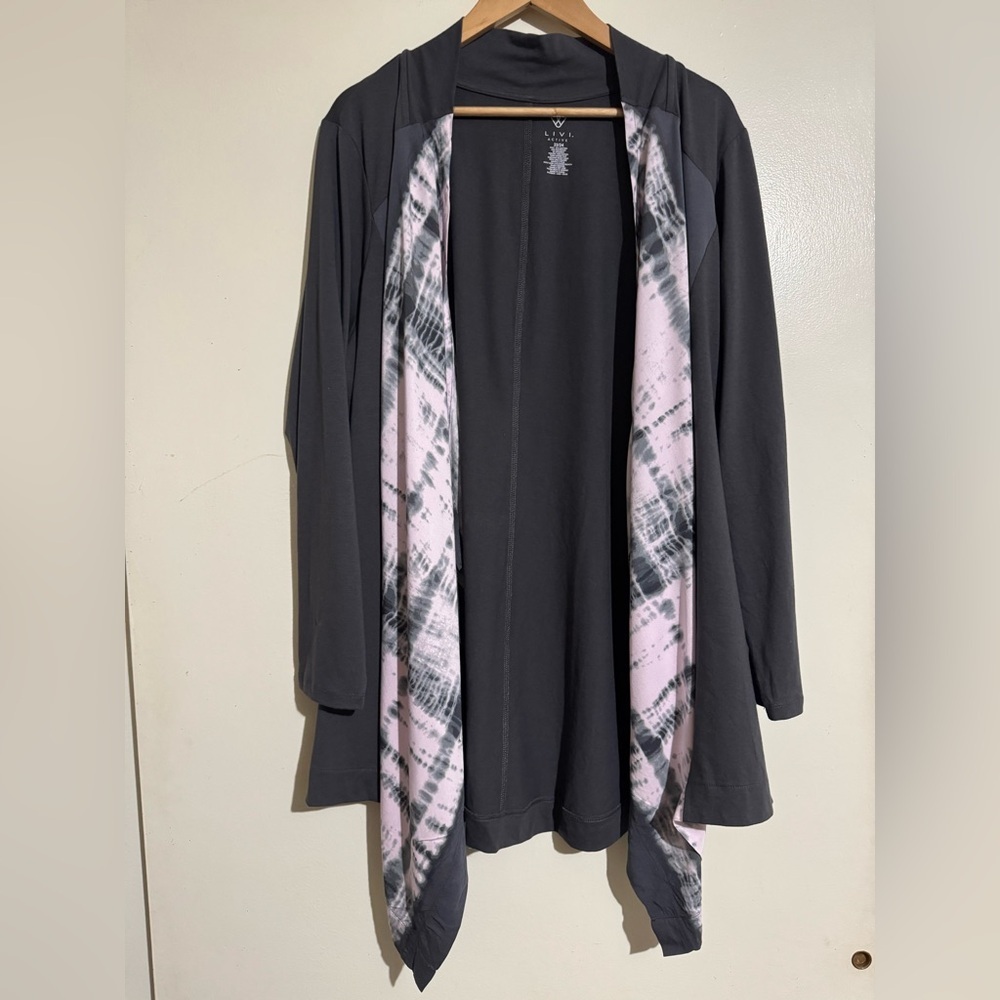 Livi Active Lane Bryant Charcoal Cardigan purple tie dye panel 22/24